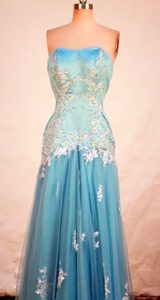 Affordable Strapless Blue Prom Pageant Dress with Appliques for Cheap