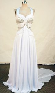Beautiful A-line Halter Top Chiffon Beaded Prom Dresses with Brush Train on Sale