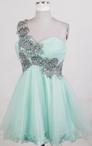 Exquisite A-line One Shoulder Mini-length Prom Dresses with Beading for Cheap
