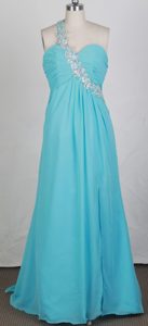 Popular Empire One Shoulder Beaded and Ruched Prom Dresses with Brush Train