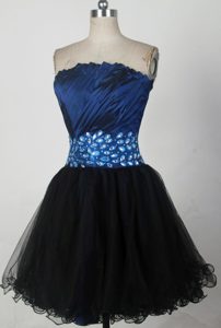 Cheap A-line Strapless Mini-length Navy Blue Beaded and Ruched Prom Dresses
