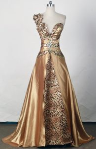 Sexy Empire One Shoulder Leopard Gold Prom Dress with Beading on Promotion