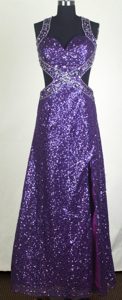 Sexy Empire Halter Top Purple Prom Dress with Sequins over Skirt and High Slit