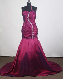 Burgundy One Shoulder Prom Dress for Long Girls with Beading