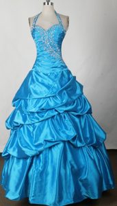 Cheap Ball Gown Halter Long Royal Blue Prom Attire with Beading