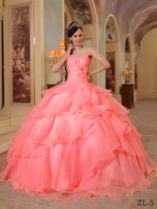 Watermelon Ball Gown Beaded Quinceanera Dresses in Organza with Ruffles