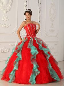 Red and Green Strapless Quinceanera Dresses with Appliques and Beading