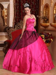 New Hot Pink Ball Gown Satin Embroidery Quinceanera Dress with Beading