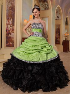 Yellow Green and Black and Organza Quinceanera Dress with Ruffles