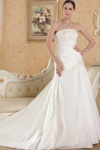 Elegant Strapless Zipper-up Chapel Train Bridal Dress with Appliques