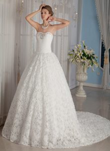 Beautiful Sweetheart Chapel Train Bridal Dress with Rolling Flowers for Fall