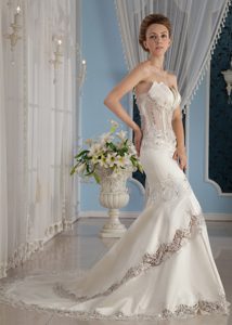Mermaid Strapless Court Train Lace and Satin Popular Wedding Dress for Fall