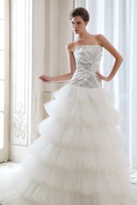 Wonderful A-line Strapless Court Train Beaded Tulle Spring Dress for Brides