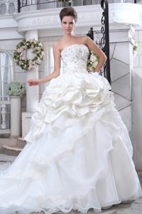 Elegant Strapless Beaded Lace-up Organza Fall Wedding Gown with Appliques
