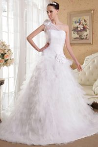 Beautiful White One Shoulder Chapel Train Satin and Organza Wedding Gown