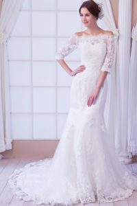 Memorable Mermaid Off The Shoulder Lace Wedding Dress with 1/2 Sleeves