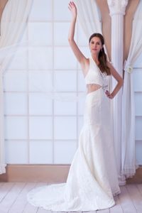 Exquisite Halter Top Backless Watteau Train Lace Wedding Reception Dress