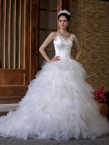 Gorgeous Chapel Train Satin and Organza Wedding Dresses with Appliques