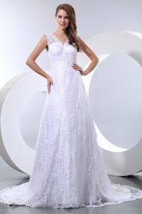 Fabulous A-line V-neck Court Train and Lace Wedding Bridal Gown