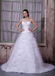 2013 Attractive A-line One Shoulder Satin and Tulle Wedding Reception Dress