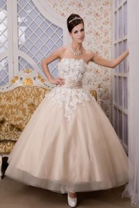 Romantic Strapless Ankle-length Tulle Zipper-up Bridal Dress with Appliques