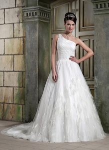 A-line One Shoulder Tulle and Exquisite Wedding Bridal Gown for Fall