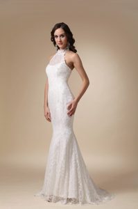 Mermaid High-neck Brush Train and Lace Wedding Reception Dress