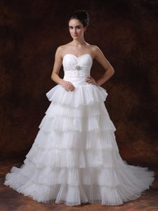 Ruched and Beaded A-line Chapel Train White Charming Bridal Dress for Fall
