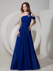 Empire One Shoulder Chiffon Ruche Plus Size Military Dresses in Peacock Blue