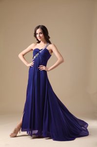 Best Seller Blue Empire One Shoulder Military Dress for Party with Beading