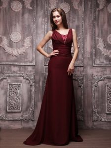 Special V-neck Brush Train Ruched and Beaded Military Dresses in Burgundy