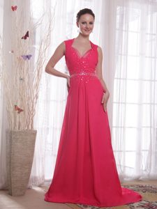 Discount V-neck Brush Train Chiffon Summer Military Dresses in Coral Red