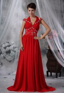 Luxurious V-neck Beaded and Ruched Red Military Dresses with Brush Train