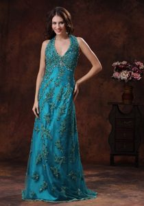 Halter Top Turquoise Impressive Appliqued Tulle Military Dresses for Prom