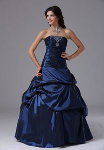 Best Seller Ruched and Beaded Blue Military Dresses for Prom with Pick-ups