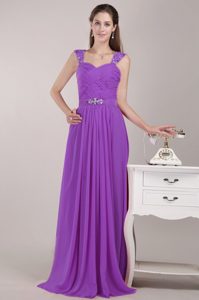 Purple Long Chiffon Beaded Fabulous Military Dresses for Party with Straps