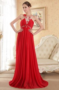 Sweet Red Empire Scoop Beaded Military Dresses for Party with Court Train