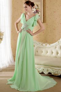 Apple Green V-neck Short Sleeves Special Ruched Military Dresses for Party