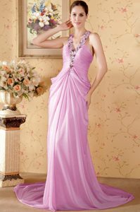 Attractive Pink Halter Top Beaded Military Dress with Chapel Train