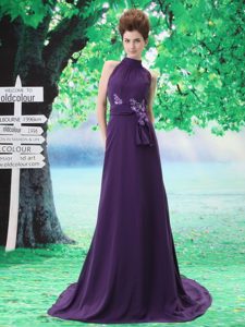 Best Seller Purple High-neck Brush Train Military Dresses for Prom with Sash