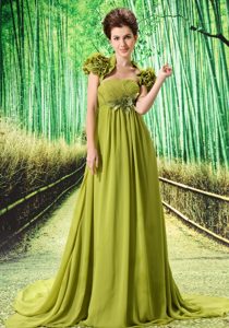 Memorable Olive Green Chiffon Ruched Court Train Military Dress for Prom