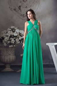Gorgeous Green V-neck Ruched and Beaded Long Military Dresses for Prom