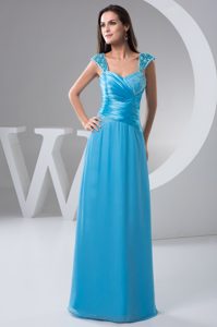 2014 Pretty Straps Long Aqua Blue Ruched Military Dress with Beading