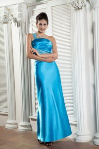 One Shoulder Ankle-length Ruched Blue Military Dresses with Beading