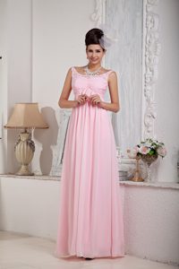 Scoop Long Baby Pink Chiffon Appliqued Military Dress with Ruching