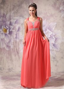 Watermelon Straps Long Ruched Chiffon Military Dresses with Beading