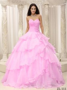 Ruched and Beaded Pink Quinceanera Dress Decorated