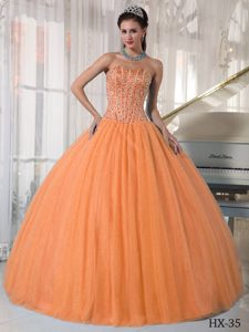 Orange Red Sweetheart Tulle Quinceanera Dress with Beading for Custom Made