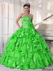 Spring Green Sweetheart Organza Beaded Quinceanera Gown Dress on Promotion