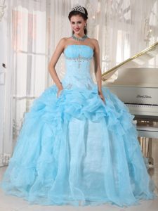 Blue Strapless Organza Quinceanera Dress with Beading and Ruching on Sale